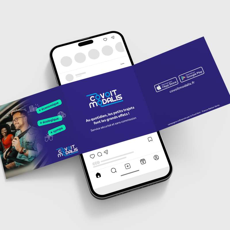 smartphone présentant un carousel de publicité pour Covoit Modalis sur Instagram